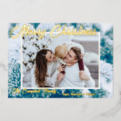 箔押し写真のホリデーカード 雪の降るエバーグリーン枝 箔シーズンカード (正面)