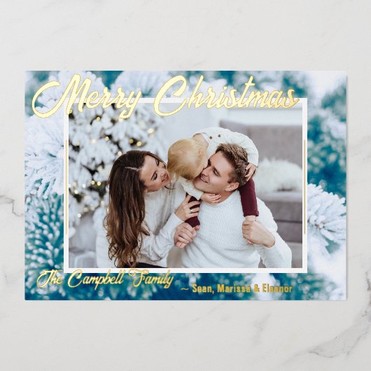 箔押し写真ホリデーカード 雪の降るエバーグリーン枝 箔シーズンカード (正面)