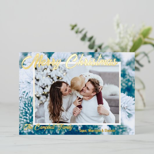 箔押し写真ホリデーカード 雪の降るエバーグリーン枝 箔シーズンカード (立ち正面)