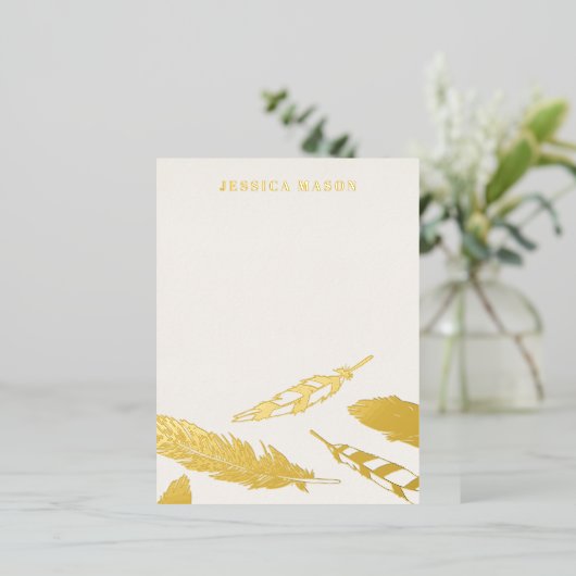 箔押し羽毛ドローイングステーショナリーノートカード - ベージュ 箔招待状ポストカード (立ち正面)