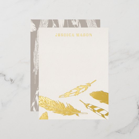 箔押し羽毛ドローイングステーショナリーノートカード - ベージュ 箔招待状ポストカード (正面/裏面)