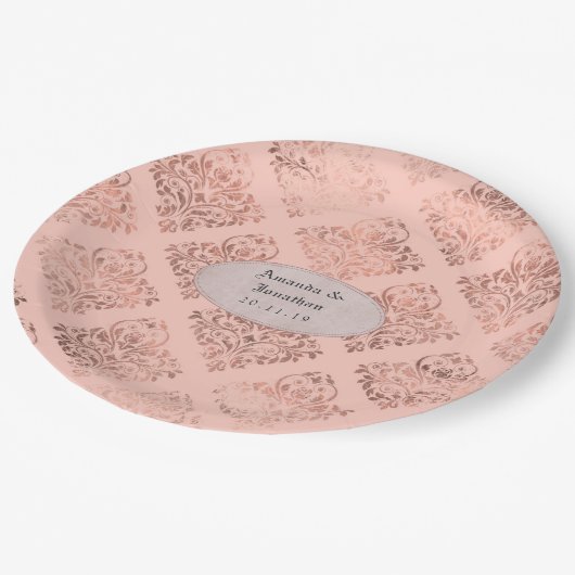 箔押し ダマスク ローズゴールドと ブッシュのウェディング ペーパープレート (アングル)