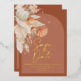箔 ボヘミアンのテラコッタ パンパス草 Save the Date 箔招待状