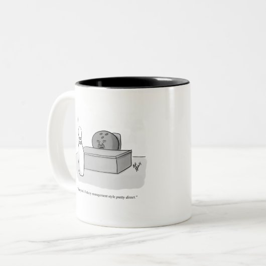 管理おもしろいとリーダーシップ漫画ユーモア ツートーンマグカップ (正面左)