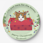 箱に入ったかわいい猫が箱目当てでやってきた クリスマス ペーパープレート (正面)