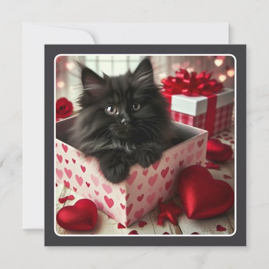 箱に入った愛らしい黒猫のバレンタイン シーズンカード (正面)