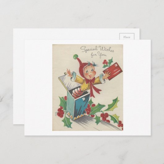 箱の中のヴィンテージクリスマス小妖精や小人 シーズンポストカード (正面/裏面)