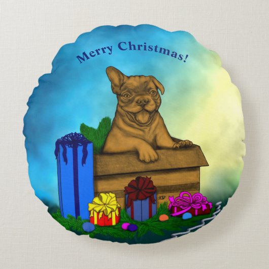 箱の中の子犬，メリークリスマス ラウンドクッション (正面)
