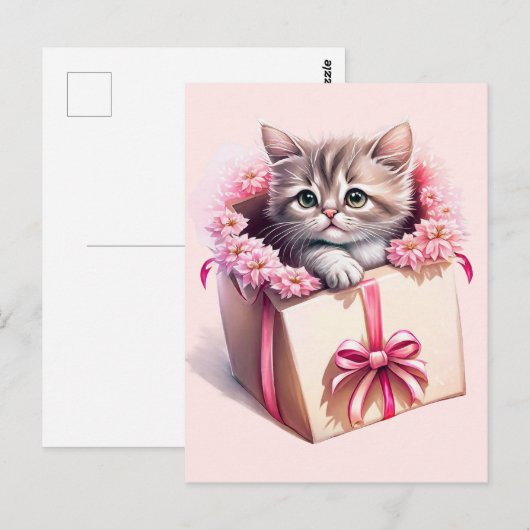 箱の中の愛らしい子猫の誕生日プレゼント ポストカード (正面/裏面)
