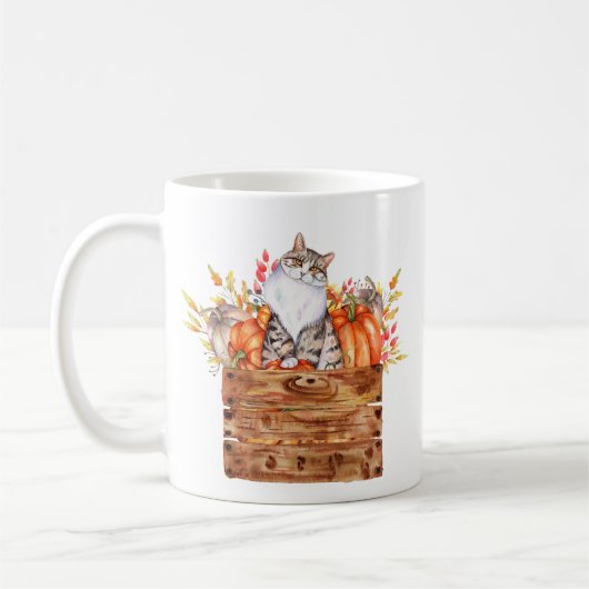 箱の中の秋の猫とカボチャ コーヒーマグカップ (左)