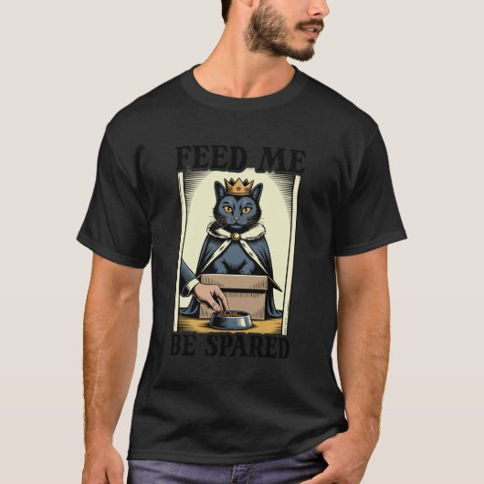 箱の中の面白い猫 餌をくれたら命を助けてあげる猫 Tシャツ (正面)