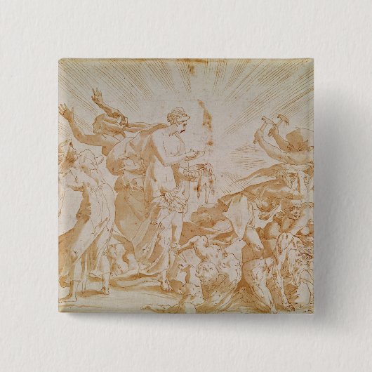 箱を開けているパンドラ 缶バッジ (正面)