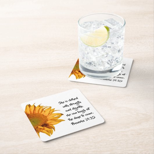 箴言第31章25節ひまわり半カスタム節 スクエアペーパーコースター (インサイチュ)