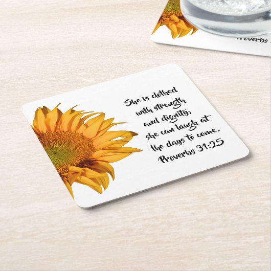 箴言第31章25節ひまわり半カスタム節 スクエアペーパーコースター (アングル)