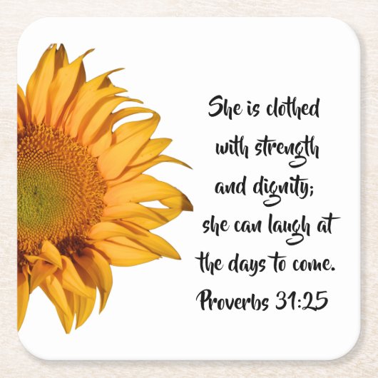 箴言第31章25節ひまわり半カスタム節 スクエアペーパーコースター (正面)