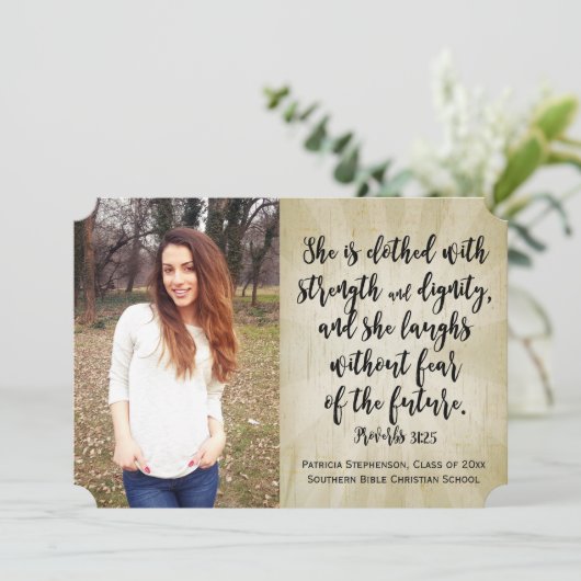 箴言31キリスト教聖書聖句の写真卒業 招待状 (スタンド正面)