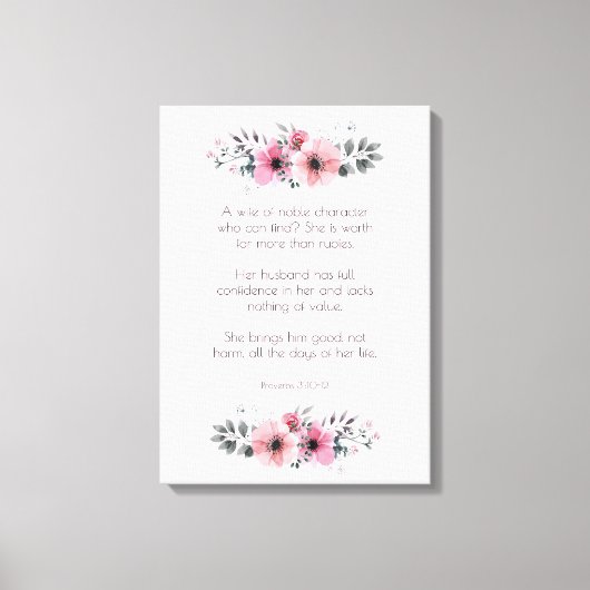 箴言31女性聖句ピンクの花 キャンバスプリント (正面)
