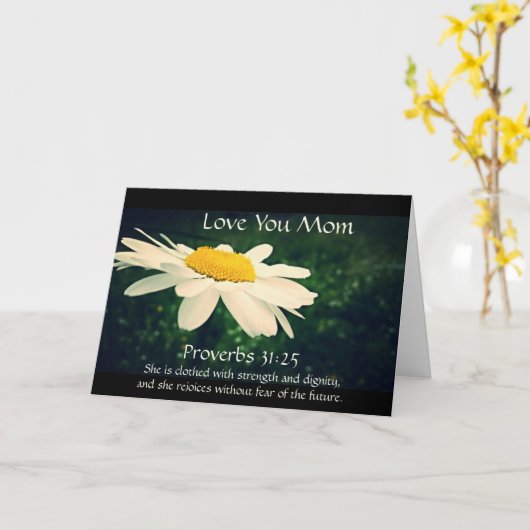 箴言31章25節、母の日、白デイジーカスタム カード (黄色い花)