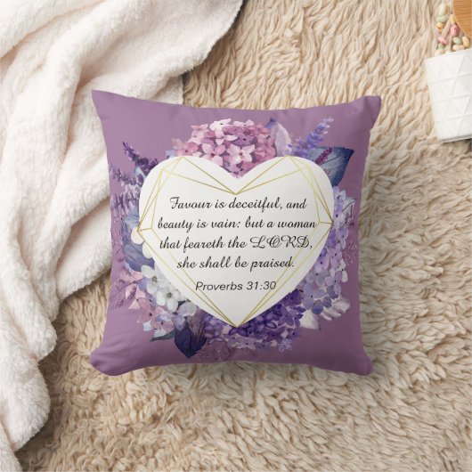 箴言31聖書引用文紫フローラハート クッション (ブランケット)