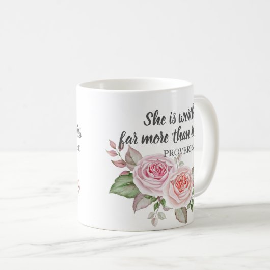 箴言31:10ルビーよりもはるかに価値がある コーヒーマグカップ (正面右)