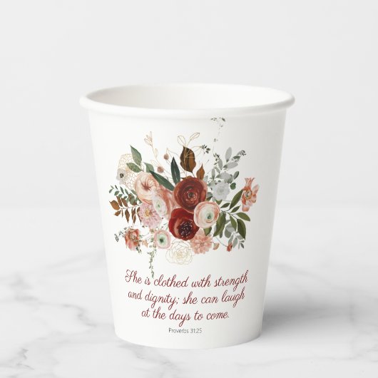 箴言31:25エレガント赤面ピンクフローラ 紙コップ (正面)