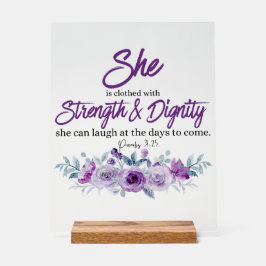 箴言31:25強さと尊厳の紫色の花 アクリルサイン