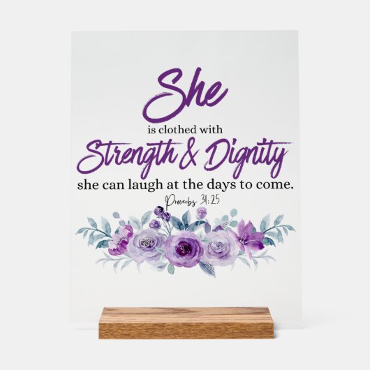 箴言31:25強さと尊厳の紫色の花 アクリルサイン (正面)