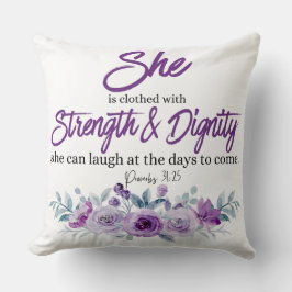 箴言31:25強さと尊厳の紫色の花 クッション