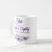 箴言31:25強さと尊厳の紫色の花 コーヒーマグカップ (正面左)