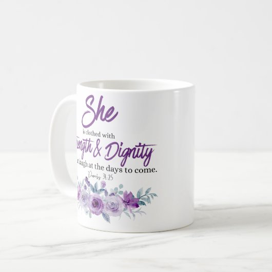 箴言31:25強さと尊厳の紫色の花 コーヒーマグカップ (正面左)