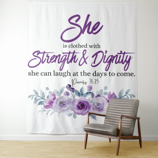箴言31:25強さと尊厳の紫色の花 タペストリー (インサイチュ)