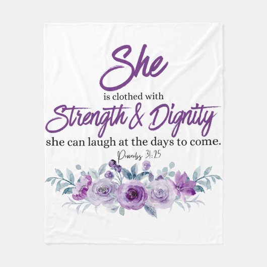箴言31:25強さと尊厳の紫色の花 フリースブランケット (正面)