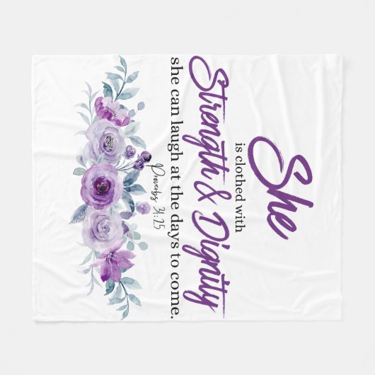 箴言31:25強さと尊厳の紫色の花 フリースブランケット (正面(横))