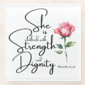 箴言31:25彼女は聖書の節の花を着ている ガラスコースター (正面)