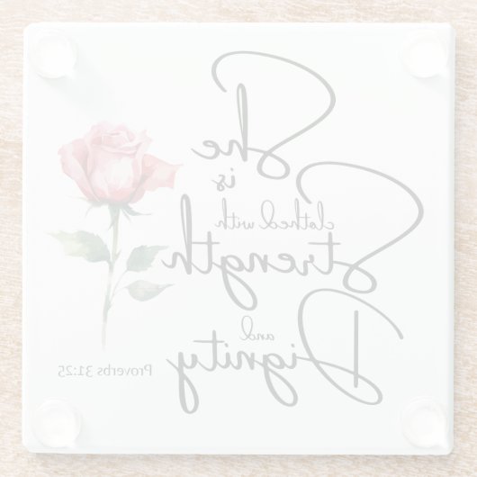 箴言31:25彼女は聖書の節の花を着ている ガラスコースター (裏面)