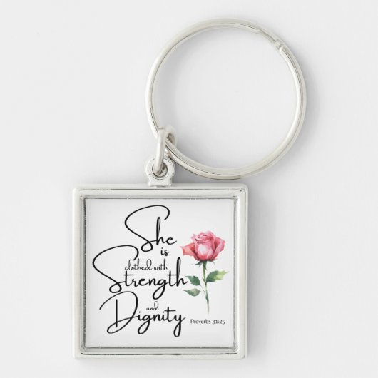 箴言31:25彼女は聖書の節の花を着ている キーホルダー (正面)