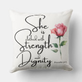 箴言31:25彼女は聖書の節の花を着ている クッション (裏面)