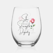 箴言31:25彼女は聖書の節の花を着ている ステムなしワイングラス (正面)