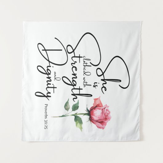 箴言31:25彼女は聖書の節の花を着ている タペストリー (正面(横))