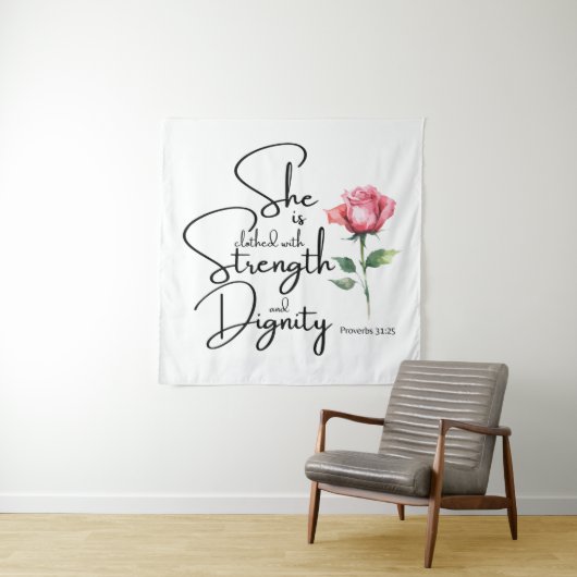 箴言31:25彼女は聖書の節の花を着ている タペストリー (インサイチュ)