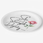 箴言31:25彼女は聖書の節の花を着ている ペーパープレート (アングル)