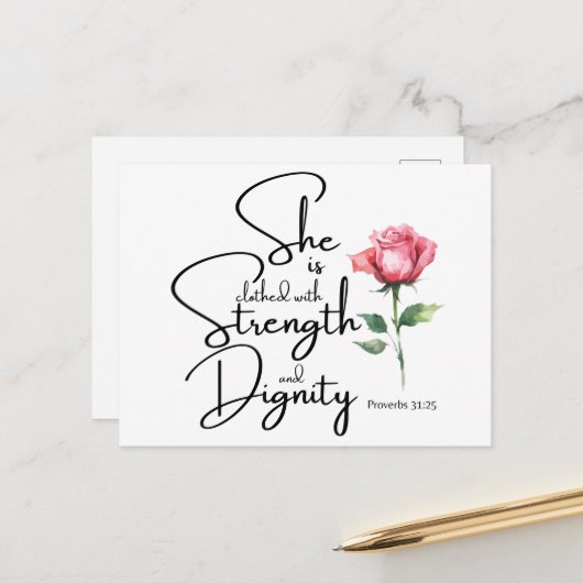 箴言31:25彼女は聖書の節の花を着ている ポストカード (正面/裏面インサイチュ)