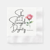 箴言31:25彼女は聖書の節の花を着ている 縁ありカクテルナプキン (正面)