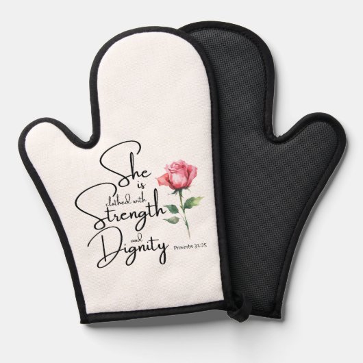 箴言31:25彼女は聖書の節の花を着ている 鍋つかみ (正面/裏面)