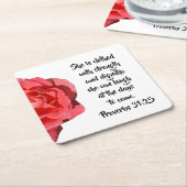 箴言31:25赤バラのクリスチャン スクエアペーパーコースター (アングル)