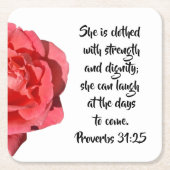 箴言31:25赤バラのクリスチャン スクエアペーパーコースター (正面)