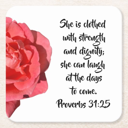 箴言31:25赤バラのクリスチャン スクエアペーパーコースター (正面)