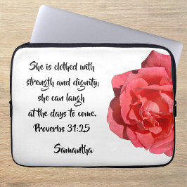 箴言31:25赤バラカスタム聖書聖句 ラップトップスリーブ