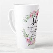 箴言31:27母の日聖なる書物、 経典ピンクフローラ カフェラテマグ (左アングル)