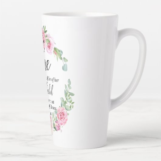 箴言31:27母の日聖なる書物、 経典ピンクフローラ カフェラテマグ (右)